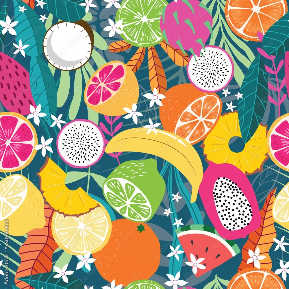 Fruit seamless pattern, collection of exotic tropical fruits with plants and flowers on dark green background. Summer vibrant design. Exotic tropical fruit. Colorful vector illustration