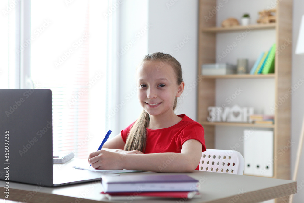 A child learns online at home through a modern laptop on the Internet.
A child learns online at home through a modern laptop on the Internet.