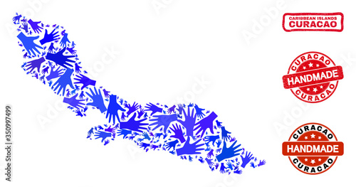 Vector handmade composition of Curacao Island map and grunge stamp seals. Mosaic Curacao Island map is composed from randomized blue hands.