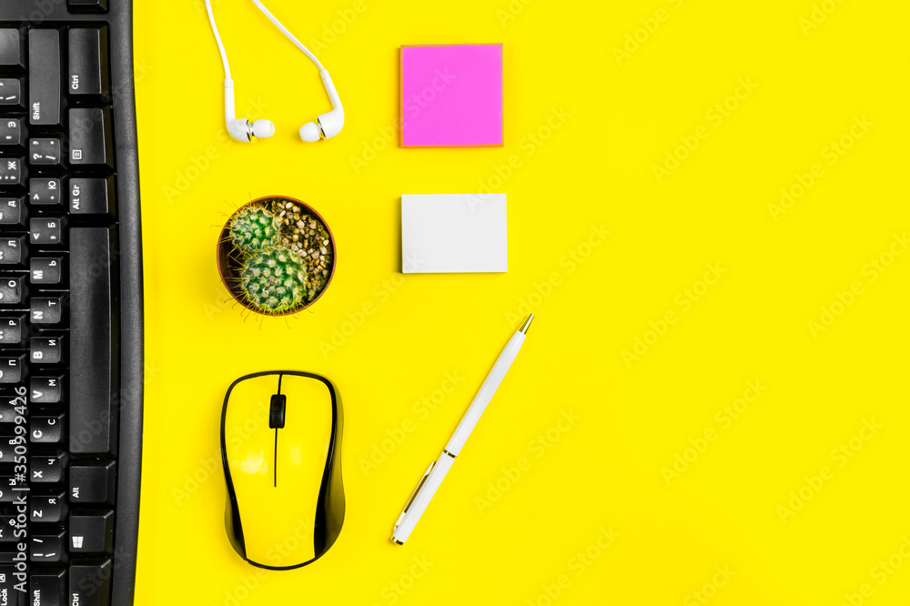 flat lay workspace yellow computer mouse, office accessory flat lay workspace yellow computer mouse, office accessory