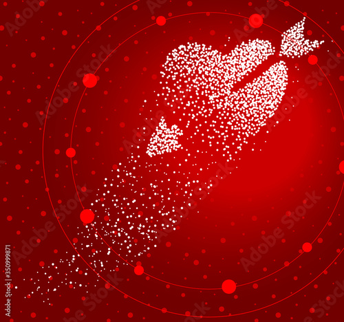 Cupid heart formed by a magical trail of flying points on red background