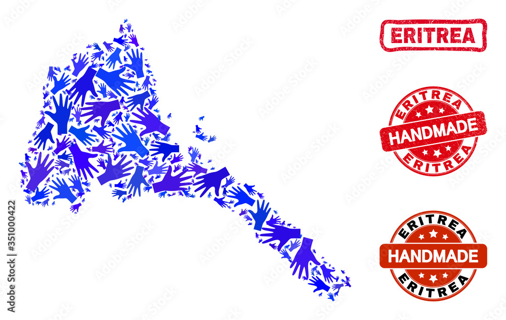 Vector handmade composition of Eritrea map and unclean watermarks. Mosaic Eritrea map is formed with scattered blue hands. Rounded and rough red seals with distress rubber texture. Vector handmade composition of Eritrea map and unclean watermarks. Mosaic Eritrea map is formed with scattered blue hands. Rounded and rough red seals with distress rubber texture.