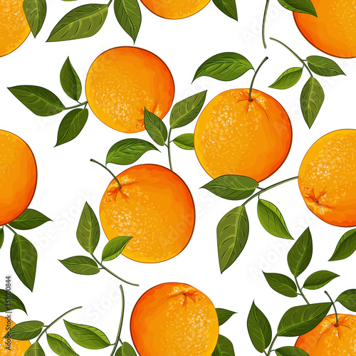Vector seamless pattern with oranges fruit and green leaves on white background. Bright tropical citrus fruits for wrapping paper, kitchen design. Stock illustration.