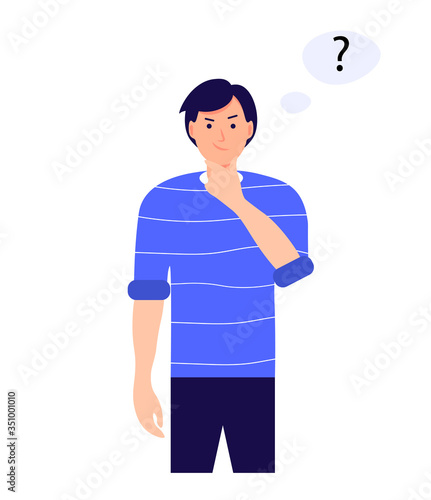 Thoughtful man. A smart man or a problem solver. Pensive young man surrounded by thought bubble. Flat vector cartoon illustration.