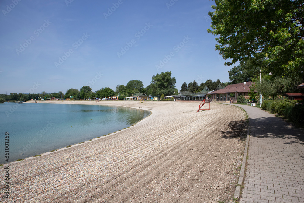 Zagreb/Croatia-May 13th,2020: Beaches at Jarun lake cleaned and prepared for season as Croatia eases restrictive measures and ends lock down, allowing public gathering