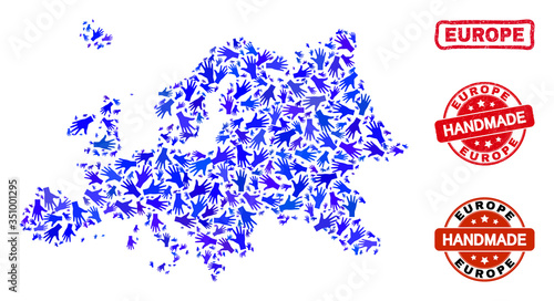 Vector handmade composition of Europe map and grunge stamp seals. Mosaic Europe map is composed of scattered blue hands. Rounded and awry red stamp imprints with grunge rubber texture.