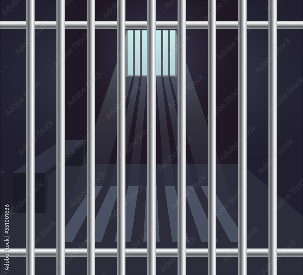 Dark prison cell interior with metal bars. Prison room. Small window with sunbeams. Flat vector illustration. Dark prison cell interior with metal bars. Prison room. Small window with sunbeams. Flat vector illustration.