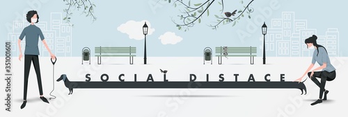Social Distance. Covid period. Living with a pandemic. Open human relations. Park, street.