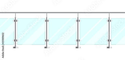 Section of glass fences with metal tubular railing and transparent sheets. Vector glass balustrade with metal handrails for home stairways and balcony. Banister or fencing sections with steel pillars	
