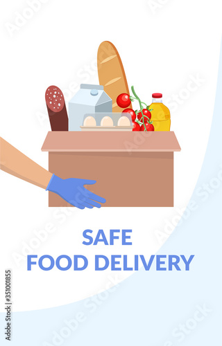 Safe delivery concept. Human hand in gloves holding box with products. Stay home and order food by courier service delivery. Vector illustartion for web, banners, flyer.