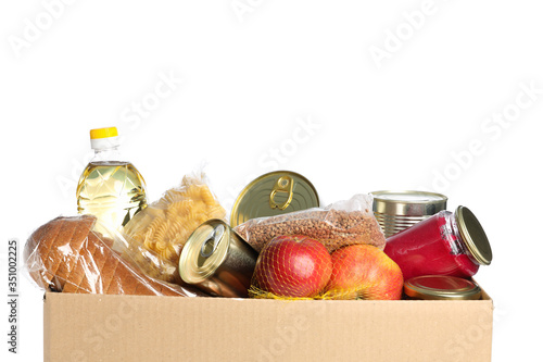 Donation box isolated on white background. Paper box with food