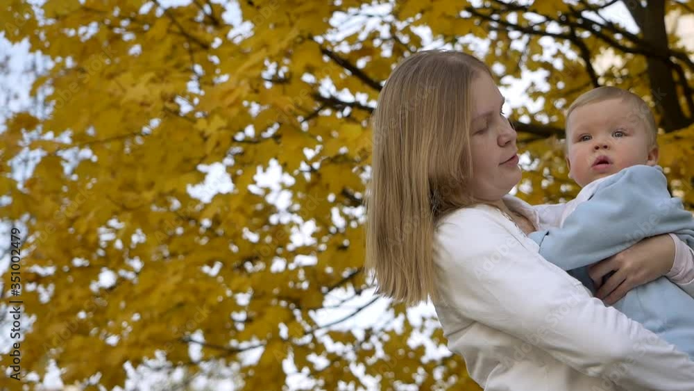 A young attractive mom in a good mood plays with a little cute child in the autumn on the nature, admires and plays with maple yellow leaves. Bokeh and sunlight. A young attractive mom in a good mood plays with a little cute child in the autumn on the nature, admires and plays with maple yellow leaves. Bokeh and sunlight.