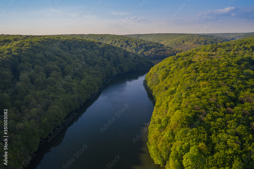 Aerial view on Lake Barvinok by the Barvinok river in Novyi Rozdol ( New Rozdol ). Lviv district, western Ukraine. May 2020