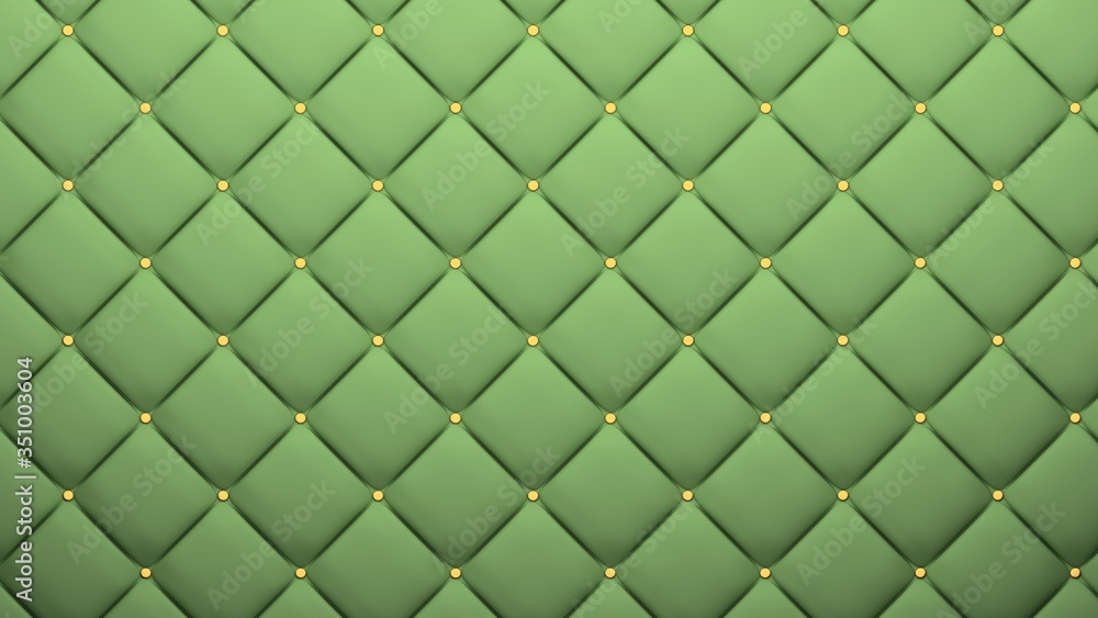 Fototapeta premium Leather upholstery pattern texture with golden buttons for pattern and background. Green color. 3D-rendering.