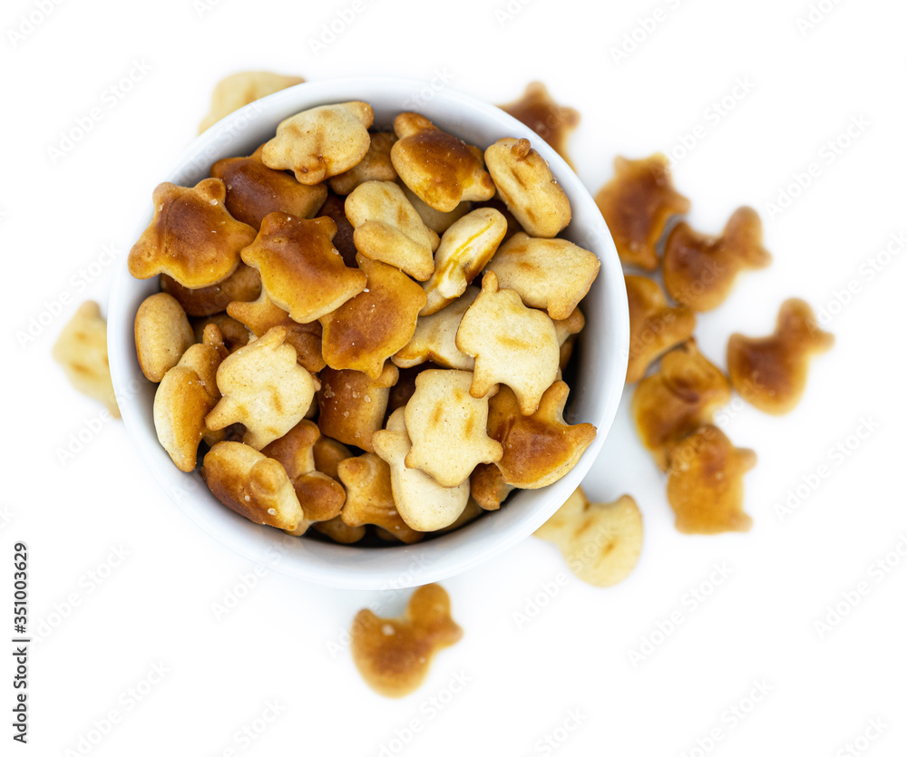 Obraz premium Portion of mixed Snacks isolated on white (close up shot; selective focus)