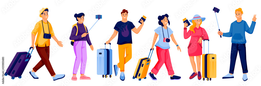 Men and women tourists with baggage. Vector summer vacation and tourism design elements. Travel people characters set Men and women tourists with baggage. Vector summer vacation and tourism design elements. Travel people characters set