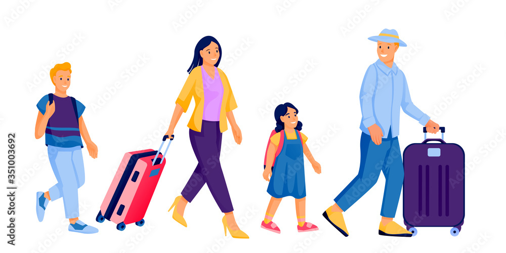 Family with two kids walking with baggage. Vector people on vacation. Traveling man, woman, boy, girl with luggage bags.
