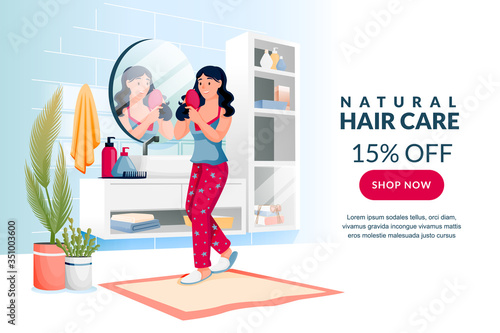 Beauty, hair care, morning routine concept. Young woman brushing and styling her hair. Vector character illustration