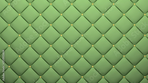 Leather upholstery pattern texture with golden buttons for pattern and background. Green color. 3D-rendering.