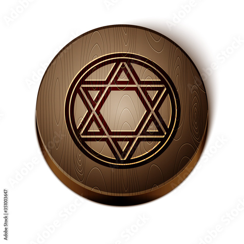 Brown line Star of David icon isolated on white background. Jewish religion symbol. Symbol of Israel. Wooden circle button. Vector