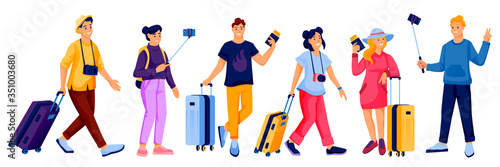 Men and women tourists with baggage. Vector summer vacation and tourism design elements. Travel people characters set