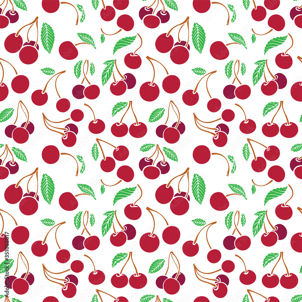 Cherries hand drawn seamless background. Different cherry berries sketch drawing endless pattern. Part of set. Cherries hand drawn seamless background. Different cherry berries sketch drawing endless pattern. Part of set.