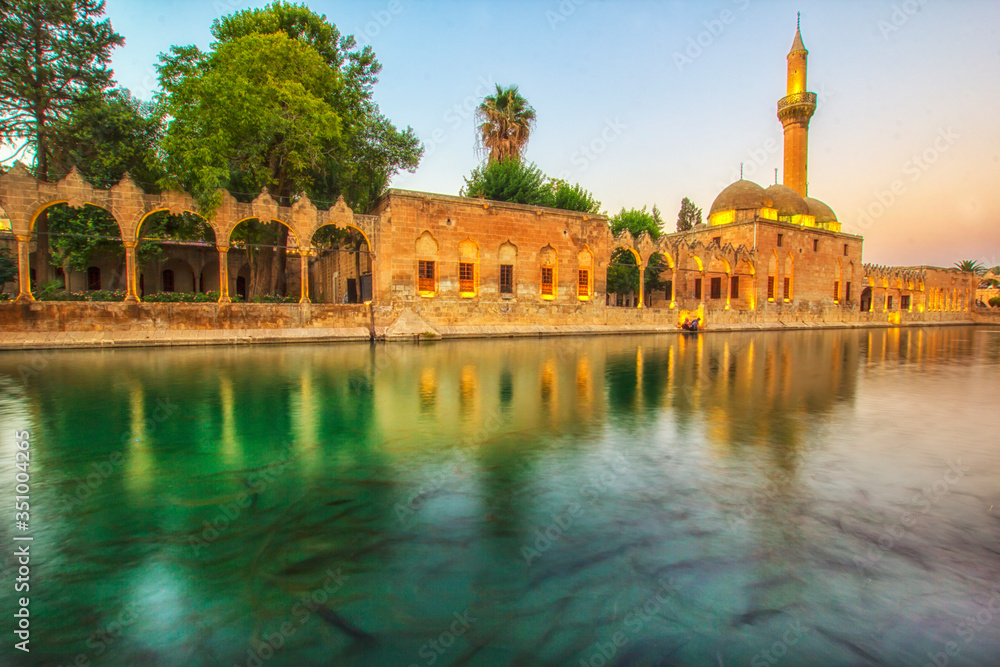 Mosque of Halil-ur-Rahman Reflection on Abraham's Pool Fish Lake reflection, Urfa, Turkey. Islam religious best destination of visit Turkey
