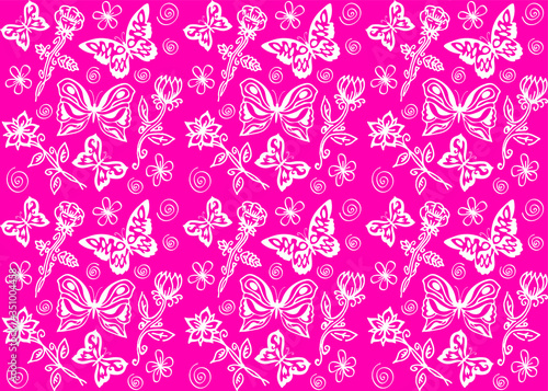Pink vector seamless pattern background with butterflies and flowers, white silhouettes on pink background, soft subtle pattern for woman's and girl's, 
