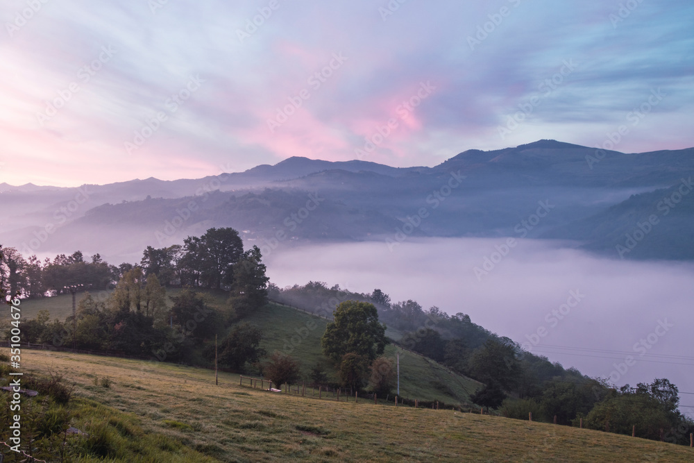 Landscape of an amazing dawn at the countryside of Asturias at the north of Spain