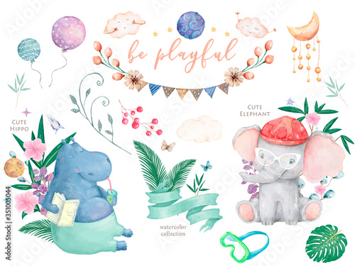 Hand drawn cute isolated tropical summer watercolor hippo animals. Two hippopotamus family cartoon animal illustrations, jungle tree and leaves, brazil trendy design. photo