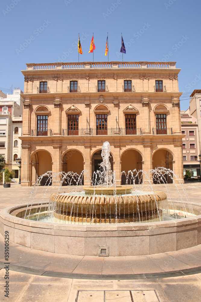 Castellón City Council or Palau Municipal of the city of Castellón de la Plana. Located in Plaza Mayor, in front of the co-cathedral of Santa Maria and El Fadrí, Valencia district, Spain.