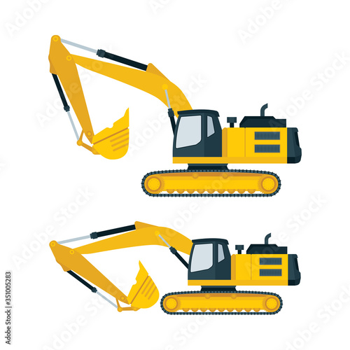 Excavator. Heavy excavator on caterpillar base. Flat style construction machines icons. Vector illustrations set.