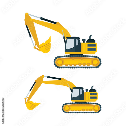 Excavator. Heavy excavator on caterpillar base. Flat style construction machines icons. Vector illustrations set.