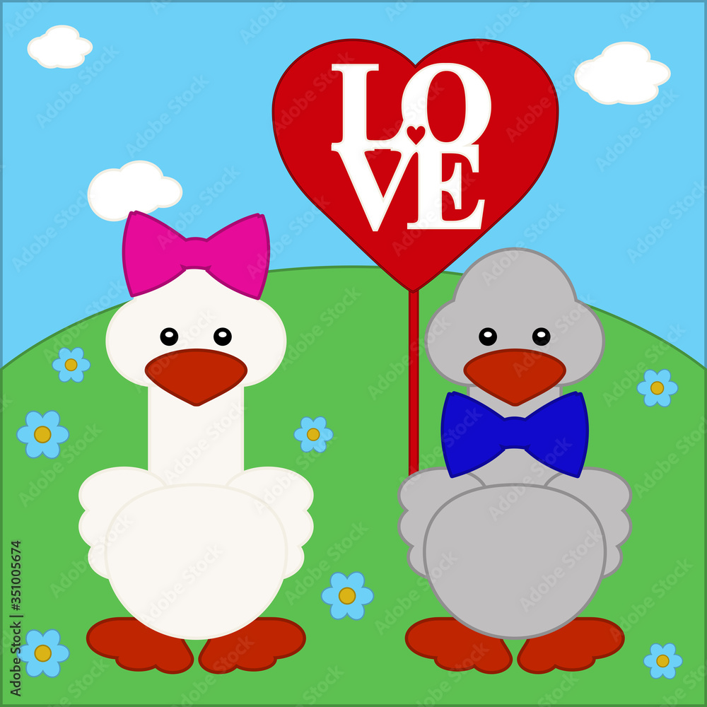 Vector pair of cartoon gooses in love on summer landscape bright meadow