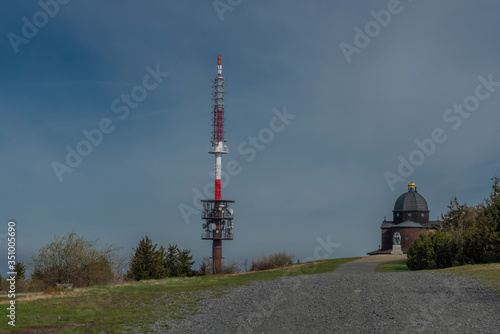 Brown wooden old chapel and transmitter on Radhost hill in Beskydy mountains