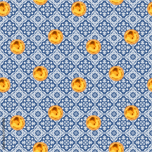 Portuguese custard tart - pastel de nata on ornate ceramic azulejo tiles. Traditional portuguese pastry created in Lisbon. 
Seamless pattern. Vector illustration.