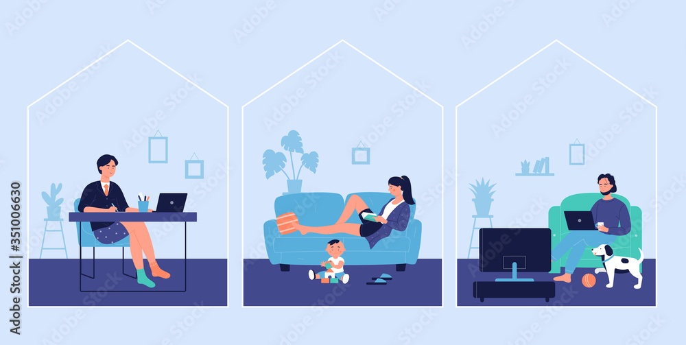 Stay at home for work and hobby activity concept vector illustration. Cartoon flat happy businessman working in home office, mother reading book while kid plays with toys, active man surfing internet