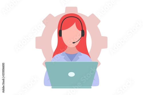 Technical support concept. Female with headphone and laptop provides technical assistance. Customer call center. Online assistant, virtual help. Flat vector illustration isolated on white background.