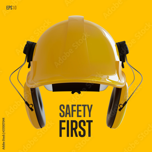 Safety first concept. Isolated yellow hard hat with ear defenders. Realistic 3D Vector Illustration