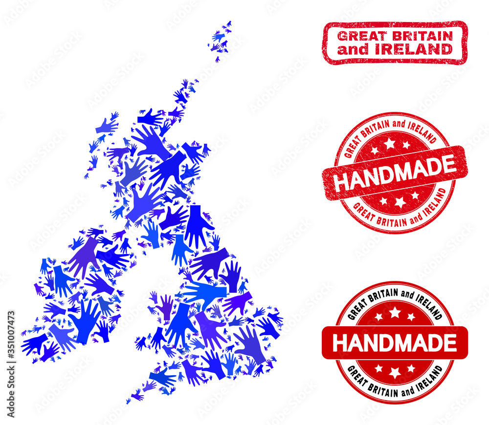Vector handmade combination of Great Britain and Ireland map and scratched stamp seals. Mosaic Great Britain and Ireland map is organized of randomized blue hands. Vector handmade combination of Great Britain and Ireland map and scratched stamp seals. Mosaic Great Britain and Ireland map is organized of randomized blue hands.