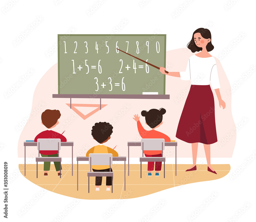 Teacher teaching primary school children in class pointing to a blackboard with simple arithmetic, colored vector illustration Teacher teaching primary school children in class pointing to a blackboard with simple arithmetic, colored vector illustration