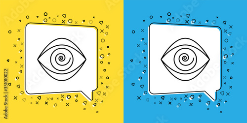Set line Hypnosis icon isolated on yellow and blue background. Human eye with spiral hypnotic iris. Vector