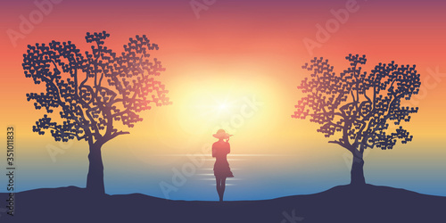 summer girl on a sunny day stands between two trees by the ocean vector illustration EPS10