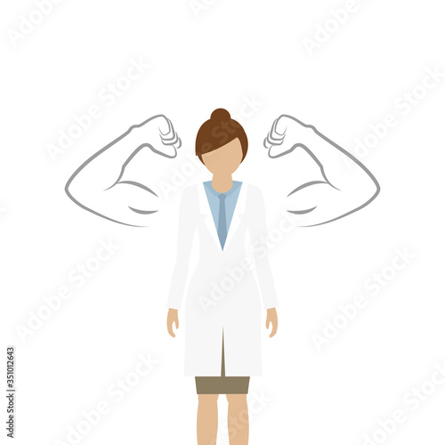 female doctor with drawn muscular arms on white background vector illustration EPS10