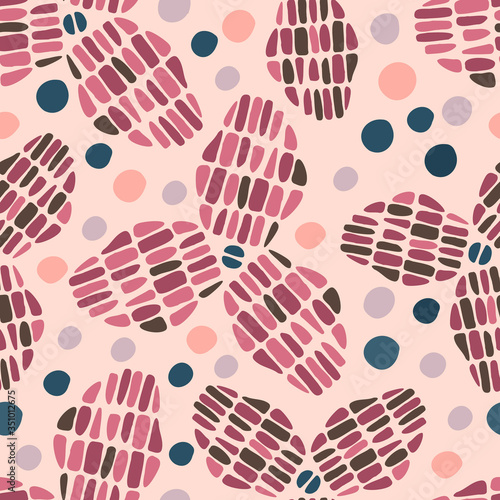 Modern seamless stylised design vector pattern with abstract egg forms in different pink tones . Can be used for printing on paper, stickers, badges, bijouterie, cards, textiles. 