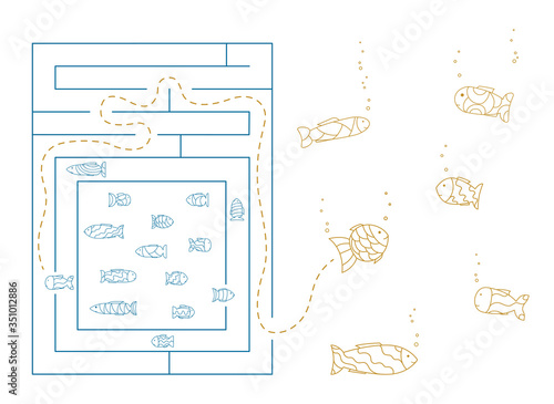 Business concept overcome the crisis. Drawn fish find a way out of the maze. Think outside the box.