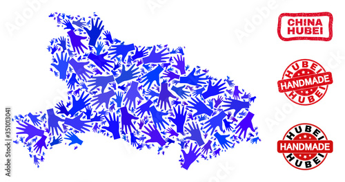 Vector handmade combination of Hubei Province map and dirty stamp seals. Mosaic Hubei Province map is formed of randomized blue hands. Rounded and awry red seals with grunge rubber texture.