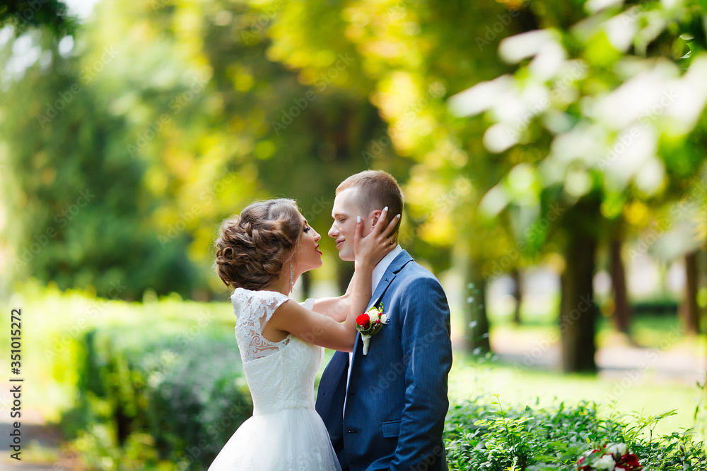 Happy bride and groom at their wedding. Newlyweds in the park. Happy bride and groom at their wedding. Newlyweds in the park.