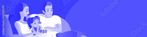 Young family have a rest on a sofa. Father, mother, and little girl. Eat popcorn and watch TV. Vector illustration banner about cinema and entertainment with place for text.