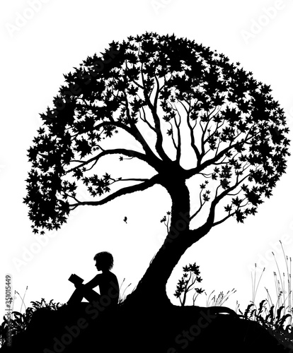 best place to read concept, boy reading under the big tree, park scene in black and white, childhood memories, shadow story, (ID: 351015449)